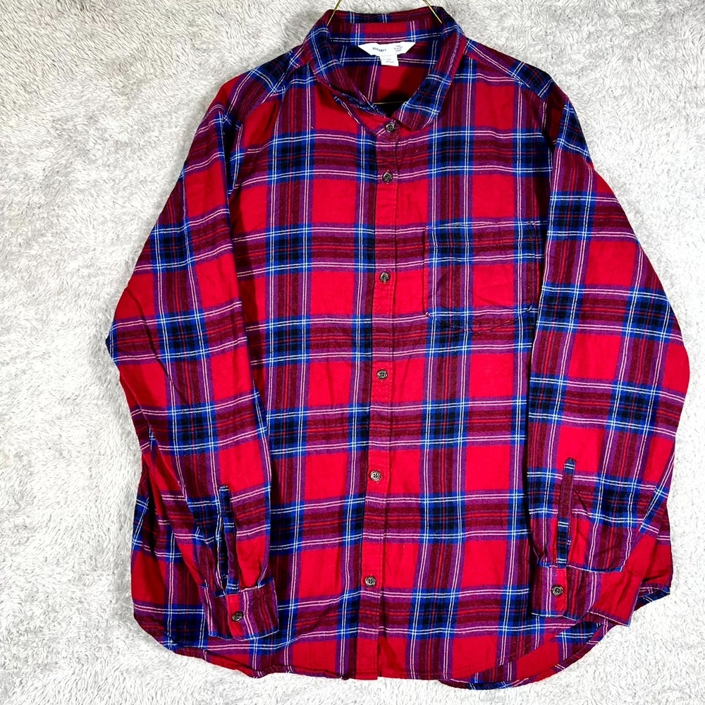 Old Navy Classic Shirt Womens 2XL Red Plaid Flannel Cotton Back Box Button Up